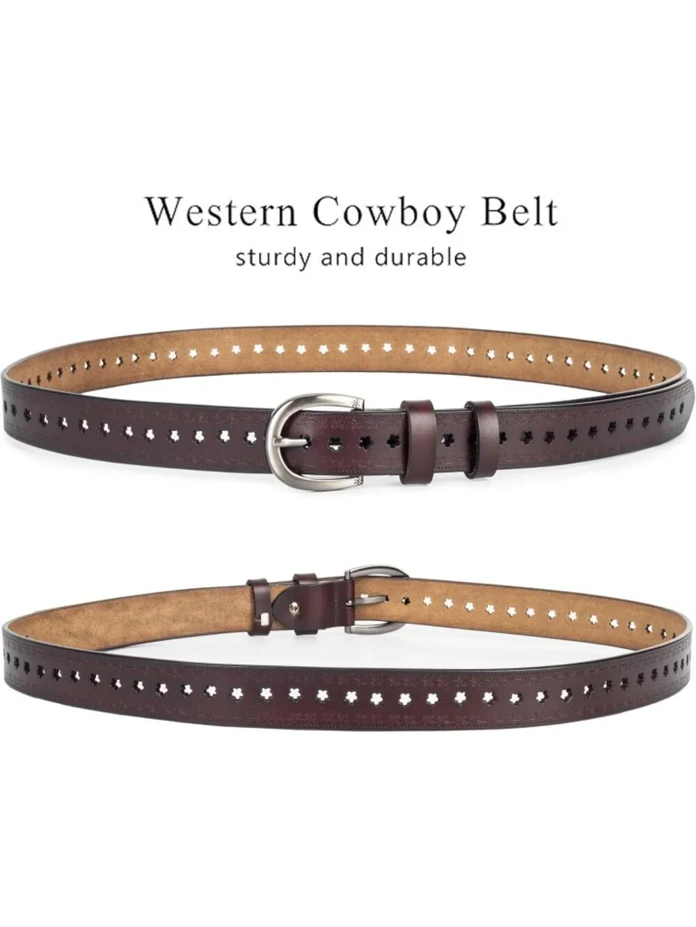 Women's Coffee-hollow Flowers Leather Belt Vintage Engraved Embossed Western